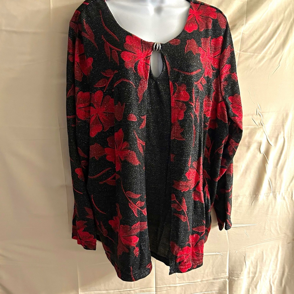 New 3X C D Daniel's  Black Red Floral Metallic Keyhole Neck  Blouse #1852*15